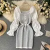 Women French-Style Retro Dress Square Collar Puff Sleeve Patchwork Plaid Slim-Fit Sexy Tube Vestidos Young A- Line GK460 210507