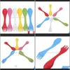 Forks Flatware Kitchen, Dining Bar Home & Garden6Pcs/Set 3 In 1 Fork Salad Fruit Spoon Camping Hiking Utensils Travel Drop Delivery 2021 Sck