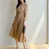 korea Dress for women autumn Long Sleeve O neck polyester Office wear Sexy Ladies pleated long dresses 210602