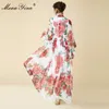 Printemps Eté Maxi Robe Arc Col rose Floral Prin Papillon Manches Longues Casual Vacances Bohème Lâche 210524