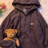 Vintage Långärmad Hoodie Sweetshirt Clothe Fashion Zip up Cute Bear Hoodies Höst Winter Coat Loose Harajuku Topp 210809