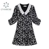 Coroa de boneca de moda coreana de três quartos manga mulheres vestido verão cintura alta vintage impressão floral senhora mini vestidos 210515