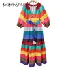 Drukuj Paski Hit Color Sukienka Dla Kobiet V Neck Pół Rękaw Koronki Luźne Suknie Kobiet Mody Odzież 210520