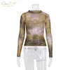 Clacive Elegant Slim Mesh Print Turtleneck Women Tshirt Casual Skinny Long Sleeve Y2k Lady Tops Party Club Knitted Female 210720