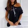 Épaule dénudée femmes T-shirt lettre impression surdimensionné à manches courtes lâche femmes vêtements Sexy licou cou T-Shirt ropa mujer X0527