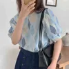 Loose Blue Casual Geometric Puff Sleeves Summer Pullovers Gentle Lady Femme Tops Sweet Clothe Blouses 210525