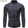 Men's Stand Collar Epaulette Pocket Decoration Tooling Military Wind Shirt Casual Long-Sleeve Dress Shirt Slim Men Clothing 210524