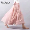 Tataria katoen linnen rok vrouw hoge getailleerde geplooide a-lijn vrouwen vintage elastische taille effen kleurenketting lengte 210514