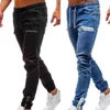 Men's Elastic Denim Pants Casual Frosted Zipper Drawstring Jeans Training Jogger Athletic Multi Pockets Ankle Tied Sweatpants X0621