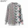 Zevity Women Vintage Stand Collar Butterfly Floral Patchwork Print Blouse Female Lantern Sleeve Shirts Chic Chemise Tops LS9132 210603