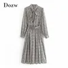 Women Fashion Houndstooth Plaid Long Dress With Belt Elegant Bow Tie Collar A Line es Sleeve Vintage Party 210515