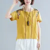 Mulheres de verão camiseta plus tamanho algodão linho flor bordado o-pescoço solto vintage tee femme tops 5 cor l8119 210512