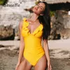 SeaselFieソリッド黄色Vネックフリールスイーツ女性モノキニ水着セクシーレースアップビーチ入浴スーツビーチウェア210630