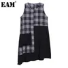 [EAM] Women Irregular Plaid Pocket Spliced Dress Round Neck Sleeveless Loose Fit Fashion Spring Summer 1DD8570 21512