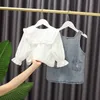 봄 키즈 소녀 2-PC는 흰색 퍼프 슬리브 러프 칼라 셔츠 + 데님 조끼 드레스 어린이 옷 E1129 210610