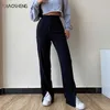 Women's Pants Fashion Loose Trousers For Female Boot Cut Straight Pants Full Length High Waist Casual Wide Leg Split Pants 211006