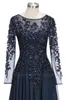 2022 Navy Blue Shier Long Sleeves chiffon الأم لفساتين العروس الحجارة المخرمة الطول الطابق