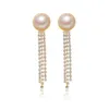 925 Silver Pearl Örhängen Stud Retro Tassel Diamond Chain Ear Drop European Women Business Dress Sweater Earring Smycken Tillbehör