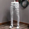 Rua moda homens jeans retro cinza elástico magro encaixe rasgado estilo coreano estirador estirativo casual denim lápis calças