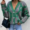 Cardigan For Women Green Striped Pink Knit Button Lady Cardigans Sweaters V-neck Loose Casual Winter Knitted Coat Fashion 211109