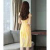 Vestido de Verão Mulheres Stripe Amarelo S-2XL Plus Tamanho Camisa Es Coreano Escritório Elegante Arco Slim Manga Curta LR213 210531