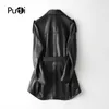 Pudi Women Genuine Leather Coat Jacket Winter Real Leather Girl Female Long Coats Trench Jackets Black Color A29108 211011