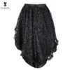 Schwarze Damen-viktorianische asymmetrische gekräuselte Satin-Spitzenbesatz-Gothic-Röcke Vintage-Korsett Steampunk-Rock Cosplay-Kostüme 937# 210621
