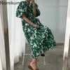 Nomikuma الصيف رداء فام س الرقبة نفخة كم dries عارضة فضفاض الأزهار المطبوعة فساتين الإناث الكورية vestidos 210623