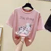 Wwenn korte mouwen oversized t-shirt vrouwen tops zomer plus size looes roze vrouw t-shirt katoen witte kralen kleding 210507