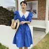 French Vintage Niche Wind Light Cooked Solid Color Lace Stitching Doll Collar Blue Pleated Shirt Dress 16F0916 210510