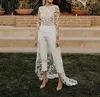 Boho Beach Illusion Lace Jumpsuits Wedding Dress For Women 2022 See Through Sexy Backless Pants Suit Bridal Gowns With Trians Long Sleeve Bride Elopement Dresses