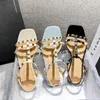 Sandalias planas con remaches de verano para mujer, zapatos romanos de tacón grueso, sandalias de mujer de talla grande con tacón medio