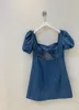 Sommar Sexig Blå Denim Mini Klänning För Kvinnor Puff Sleeve Backless Lace Up Tunic Square Collar Es Elegant Koreansk Party 210513