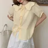 Ezgaga Sweet Lace Up Women Blouse Korean Chi Summer Short Sleeve Peter Pan Collar Loose Girl All-Match Fashion Shirts Casual 210430