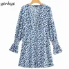 Женщины Blue Floral Print V шеи с длинным рукавом платье женское a-line мини праздник лето плюс размер коротким Vestido jwm355 210514