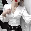 Waist Folds Thin Puff Sleeve V-neck Korean Style Blouse Women Solid White Slim Elegant Pullover Blusas Mujer De Moda 11888 210508