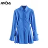 Grembiuli Elegante abito camicia di cotone blu Donna Primavera alta moda tinta unita manica svasata aderente mini abiti OL Vestidos 210806