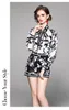 Summer Two Piece Sets for Women Vintage Bow Tie Long Sleeve Print Shirt Tops + Wide Leg Short Sets Womens Outfits 210518