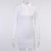 Jesień jednolity kolor z długim rękawem Bodycon Ribbed Lapel Tee Dress Kobiety Proste Casual Office Lady Mini Sukienki Mujer 210517
