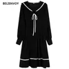 Japonais Preppy Style Vintage Corduroy Robe Sailor Couleur Bow Lace Up Robes Femininos Automne Hiver Élégant Chic 210520