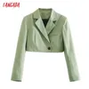 Tangada Vrouwen Groene Crop Blazer Jas Vintage Kleed Kraag Pocket Mode Vrouwelijke Casual CHIC TOPS AB18 210609