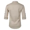 Herren Casual Baumwolle Leinen Henley Hemd Marke Roll-up-Ärmel Kleid Männlich Slim Fit Lange Camisa Masculina Beige 210721