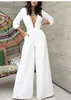 White Satin Jumpsuit V-neck Evening Dress Long Sleeve Prom Gowns for Women