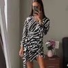 Femme robe mode col en v Animal zèbre motif Tulle Mini Chic Sexy cravate noeud fête Club es Vestido De Mujer 210427