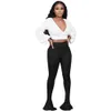 Två stycken Set Kvinnor Deep V Neck Long Puff Sleeve Crop Top Tunika + Flare Byxor Kläder Sats Sexy Club Outfits 210525