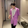 [EAM]女性紫色のコントラストカラービッグサイズブレザーニューラペルハーフスリーブルーズフィットジャケットファッションスプリングサマー2021 1DE01221 x 0721