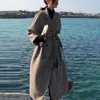 縞模様のファッションウールコートジャケットの女性レースアップロングブレンドエレガントな女性コートプラスサイズターンダウンカラーアウトウエアムヤー210515