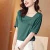 Summer Short Sleeve Silk Women Blouse and Tops Office Lady Skew Collar Satin Shirts Plus Size Female Clothing 13906 210508