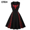 OTEN Kadınlar Boyutu Büyük Tartan Elbise Yaz Tunik Vintage Kolsuz Kırmızı Ekose Baskı Düğmesi Rockabilly Parti Seksi Pin Up Elbise 210325