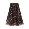 PERHAPS U Women Heart Print Knee Length Skirt Mesh Brown Summer Elastic Waist S0280 210529